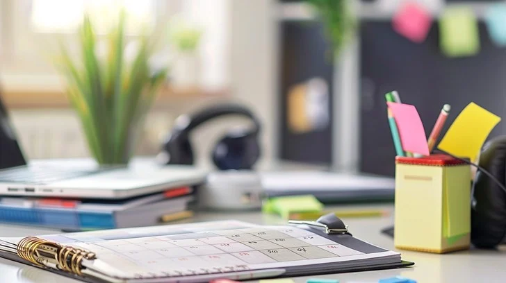Professional workspace with notebook and focused concentration tools